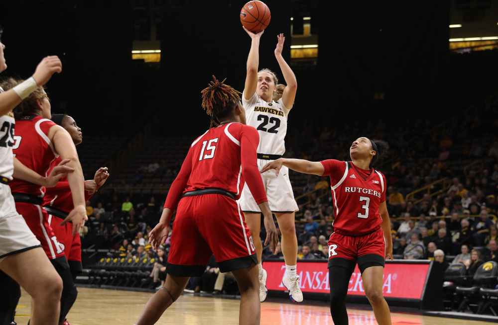 Iowa Hawkeyes guard Kathleen Doyle (22) against the Rutgers Scarlet Knights Wednesday, January 23, 2019 at Carver-Hawkeye Arena. (Brian Ray/hawkeyesports.com)