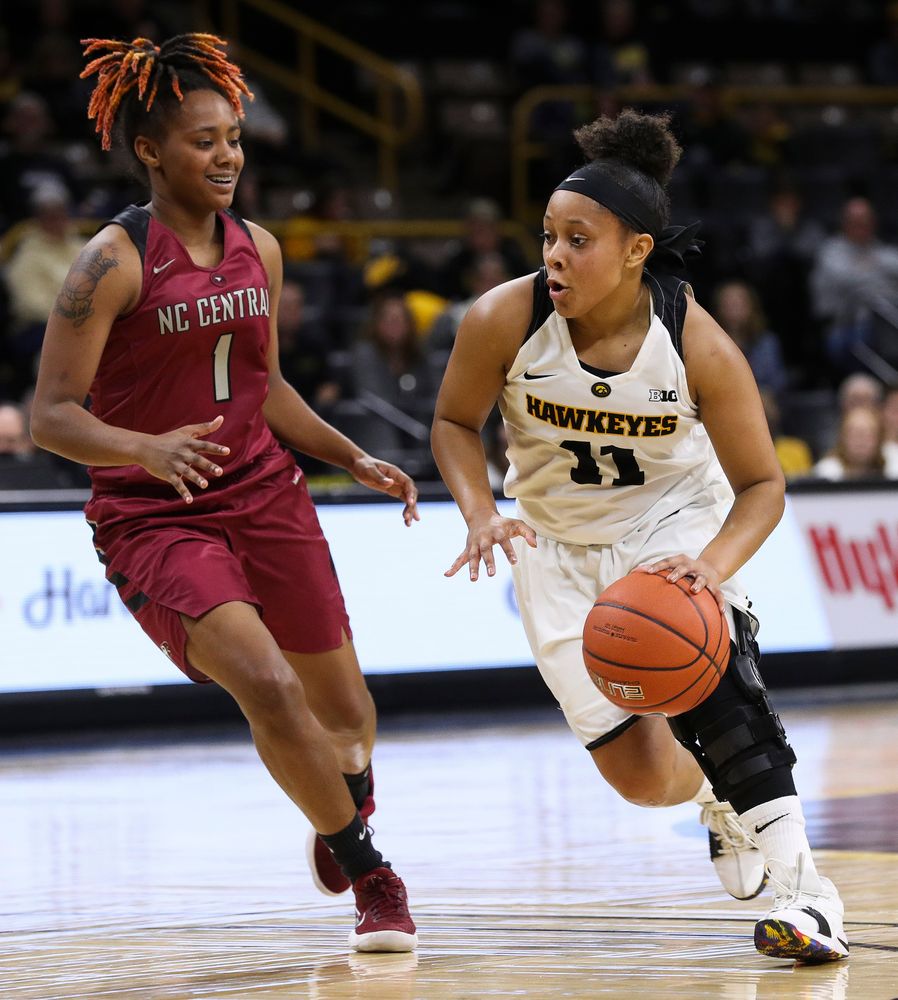 Iowa Hawkeyes guard Tania Davis (11) drives into the lane during a game against North Carolina Central at Carver-Hawkeye Arena on November 17, 2018. (Tork Mason/hawkeyesports.com)