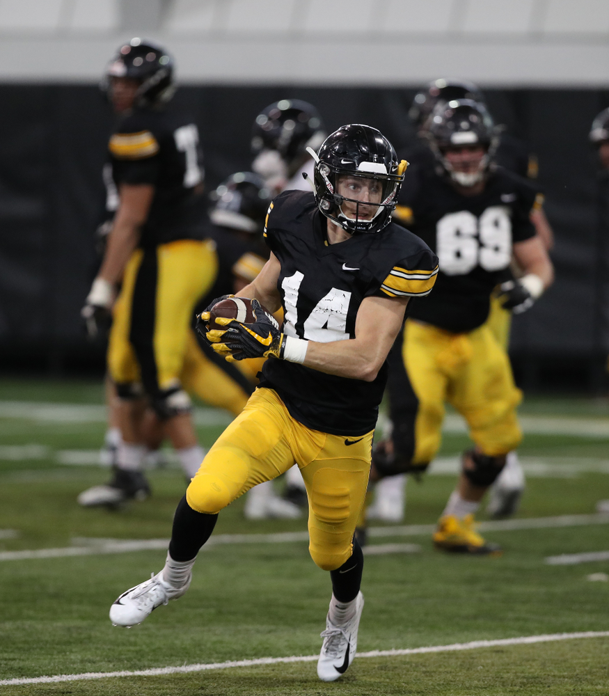 Iowa Hawkeyes wide receiver Kyle Groeneweg (14) during preparation for the 2019 Outback Bowl Wednesday, December 19, 2018 at the Hansen Football Performance Center. (Brian Ray/hawkeyesports.com)