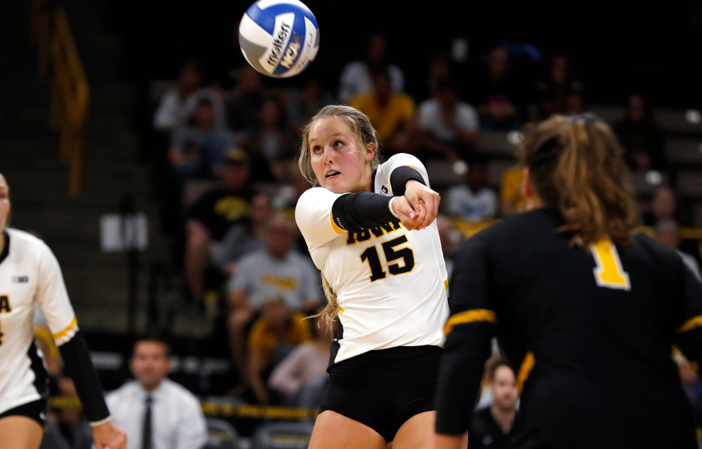 Iowa Hawkeyes defensive specialist Maddie Slagle (15) against Eastern Illinois Sunday, September 9, 2018 at Carver-Hawkeye Arena. (Brian Ray/hawkeyesports.com)