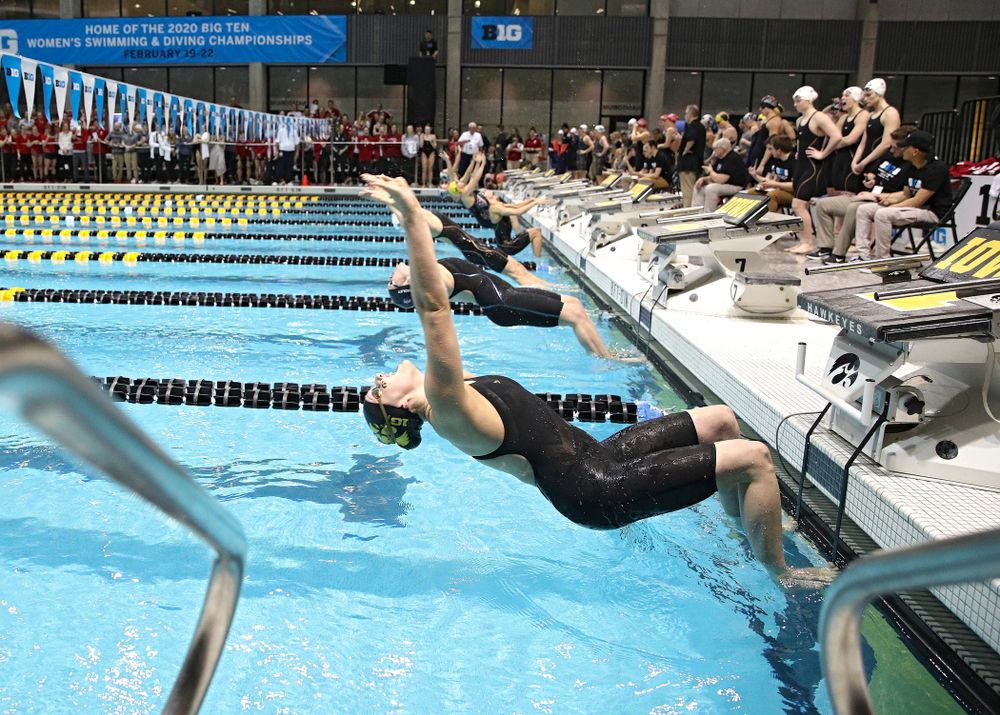 Iowa’s Emilia Sansome swims the backstroke section of the women’s 400 yard medley relay event during the 2020 Women’s Big Ten Swimming and Diving Championships at the Campus Recreation and Wellness Center in Iowa City on Thursday, February 20, 2020. (Stephen Mally/hawkeyesports.com)