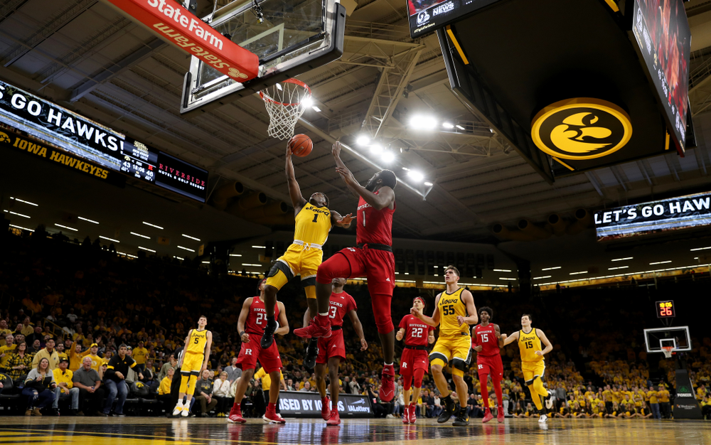 Iowa Hawkeyes guard Joe Toussaint (1) against the Rutgers Scarlet Knights Wednesday, January 22, 2020 at Carver-Hawkeye Arena. (Brian Ray/hawkeyesports.com)