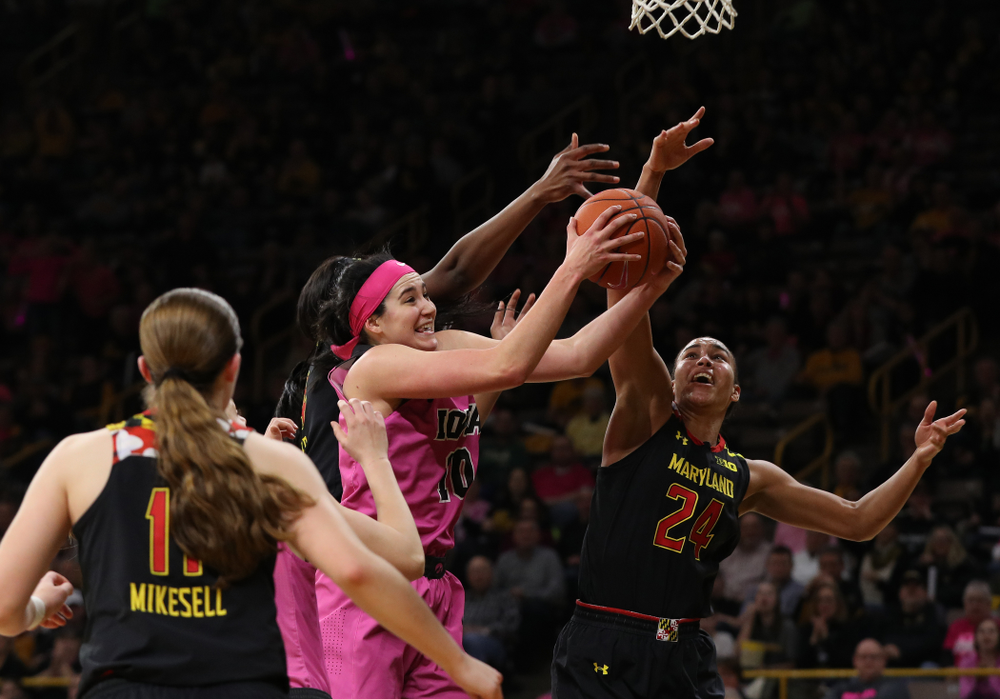 Iowa Hawkeyes forward Megan Gustafson (10) against the seventh ranked Maryland Terrapins Sunday, February 17, 2019 at Carver-Hawkeye Arena. (Brian Ray/hawkeyesports.com)
