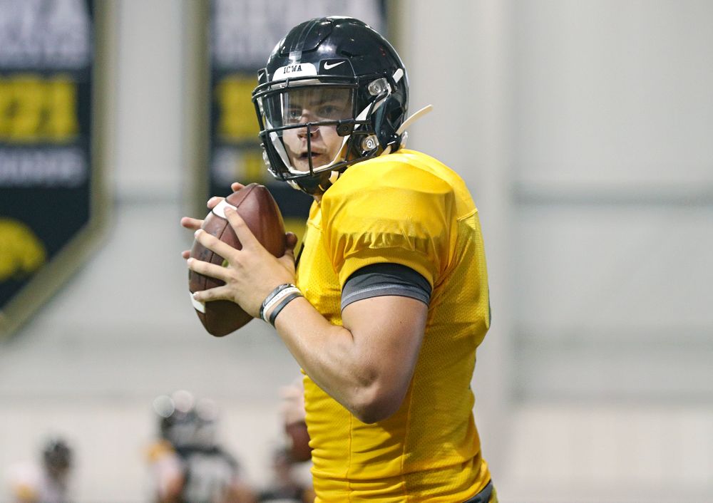 Iowa Hawkeyes quarterback Nate Stanley (4) sets to throw during Fall Camp Practice No. 6 at the Hansen Football Performance Center in Iowa City on Thursday, Aug 8, 2019. (Stephen Mally/hawkeyesports.com)