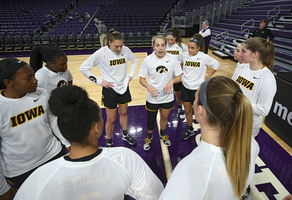 Iowa Hawkeyes guard Kathleen Doyle (22) talks with her team before their game at Welsh-Ryan Arena in Evanston, Ill. on Sunday, January 5, 2020. (Stephen Mally/hawkeyesports.com)