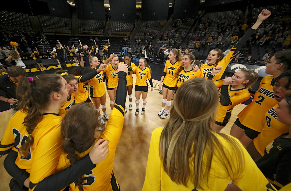 The Iowa Hawkeye celebrate after winning their match at Carver-Hawkeye Arena in Iowa City on Sunday, Oct 20, 2019. (Stephen Mally/hawkeyesports.com)