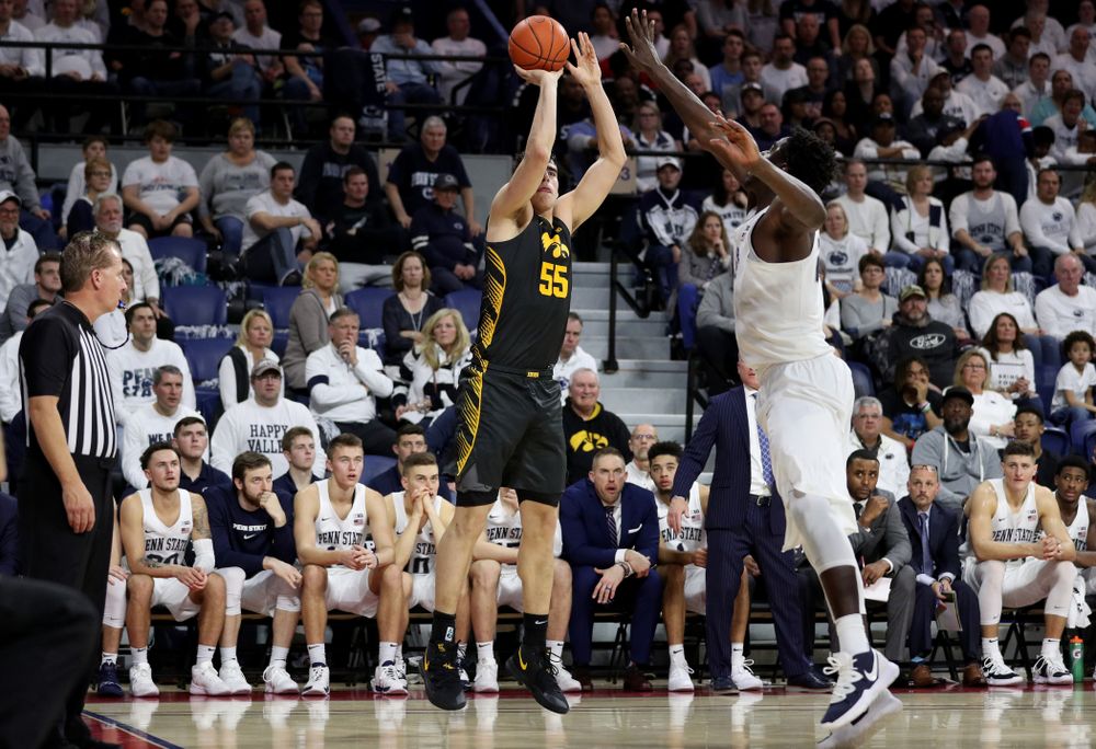 Iowa Hawkeyes forward Luka Garza (55) pulls up for a shot against Penn State Friday, January 3, 2020 at the Palestra in Philadelphia. (Brian Ray/hawkeyesports.com)