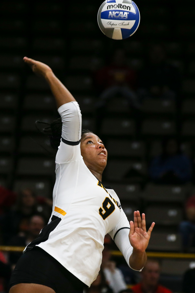 Iowa Hawkeyes middle blocker Amiya Jones (9) during Iowa volleyball vs Maryland on Saturday, November 30, 2019 at Carver-Hawkeye Arena. (Lily Smith/hawkeyesports.com)