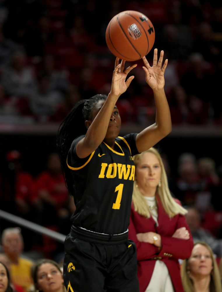 Iowa Hawkeyes guard Tomi Taiwo (1) against the Maryland Terrapins Thursday, February 13, 2020 at the Xfinity Center in College Park, MD. (Brian Ray/hawkeyesports.com)