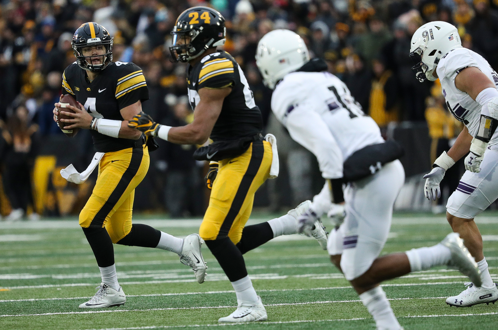 Iowa Hawkeyes quarterback Nate Stanley (4) looks to pass during a game against Northwestern at Kinnick Stadium on November 10, 2018. (Tork Mason/hawkeyesports.com)