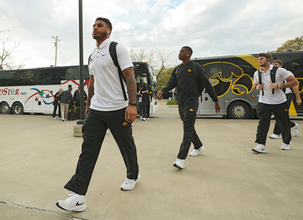 Iowa Hawkeyes defensive back Geno Stone (9) arrives with his team before their game at Kinnick Stadium in Iowa City on Saturday, Oct 19, 2019. (Stephen Mally/hawkeyesports.com)