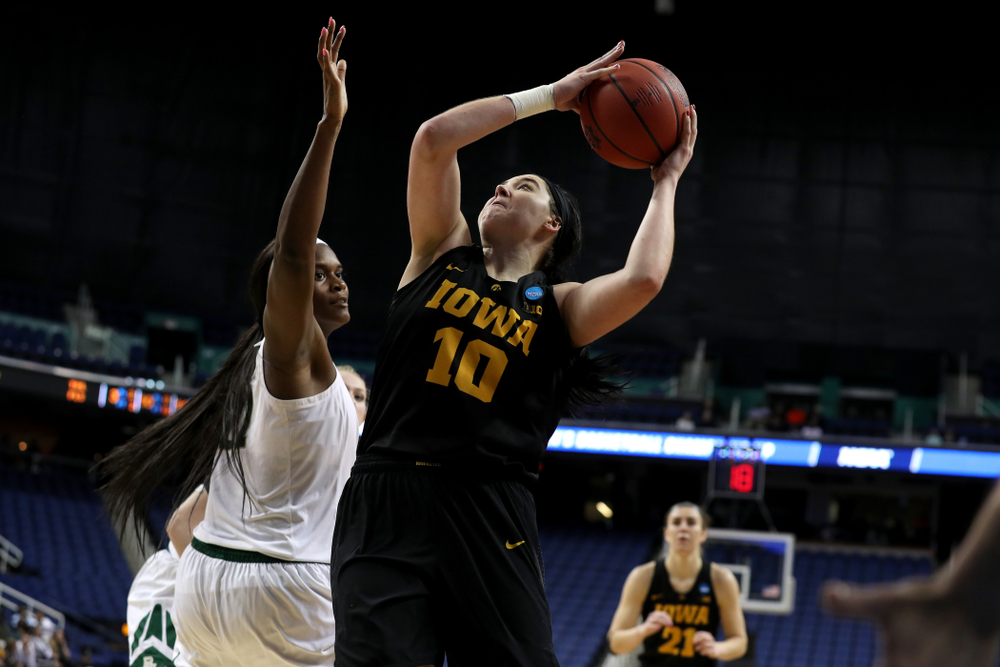 Iowa Hawkeyes forward Megan Gustafson (10) against the Baylor Lady Bears in the regional final of the 2019 NCAA Women's College Basketball Tournament Monday, April 1, 2019 at Greensboro Coliseum in Greensboro, NC.(Brian Ray/hawkeyesports.com)