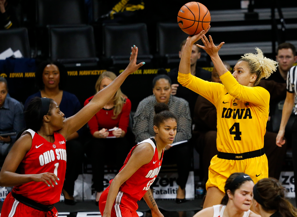 Iowa Hawkeyes forward Chase Coley (4) puts up a shot during a game against the Ohio State Buckeyes at Carver-Hawkeye Arena on January 25, 2018. (Tork Mason/hawkeyesports.com)