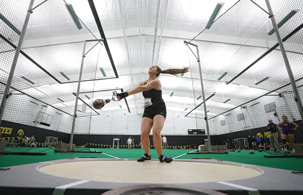 Iowa’s Amanda Howe throws in the women’s weight throw event during the Hawkeye Invitational at the Hawkeye Tennis and Recreation Complex in Iowa City on Friday, January 10, 2020. (Stephen Mally/hawkeyesports.com)