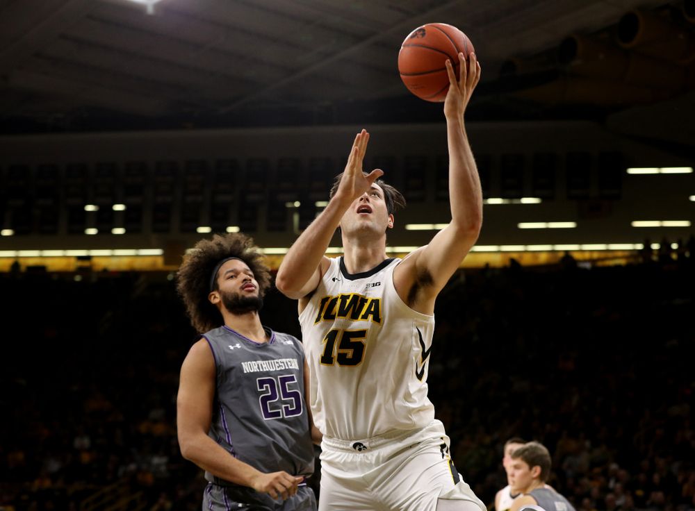 Iowa Hawkeyes forward Ryan Kriener (15) against the Northwestern Wildcats Sunday, February 10, 2019 at Carver-Hawkeye Arena. (Brian Ray/hawkeyesports.com)