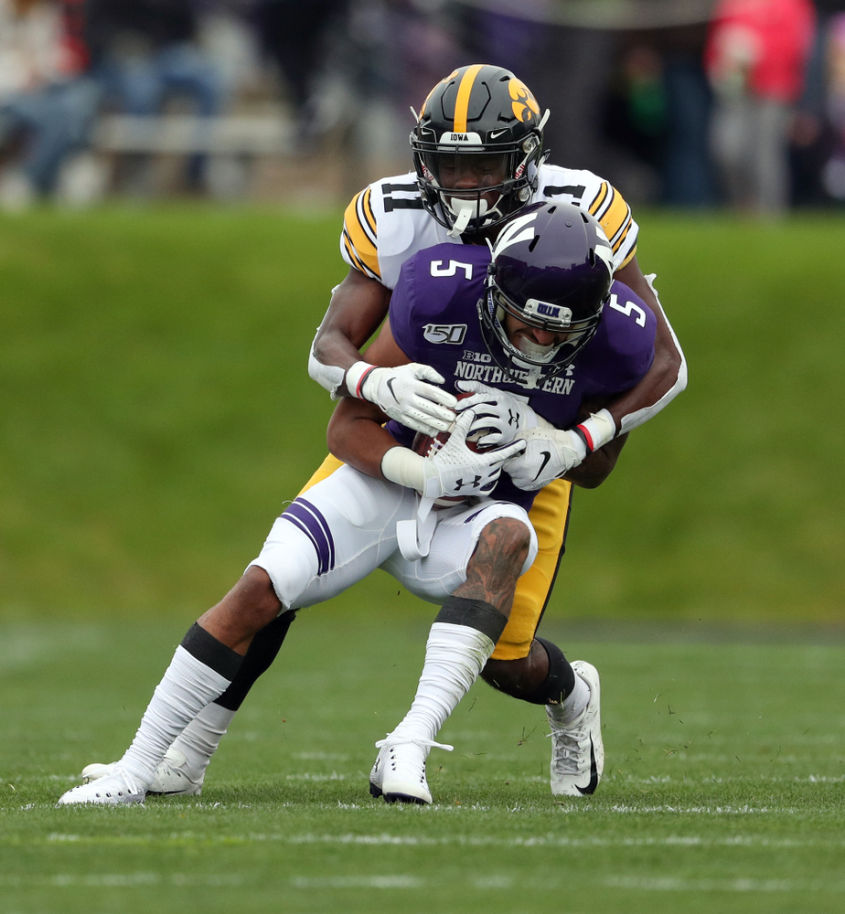 Iowa Hawkeyes defensive back Michael Ojemudia (11) against the Northwestern Wildcats Saturday, October 26, 2019 at Ryan Field in Evanston, Ill. (Brian Ray/hawkeyesports.com)