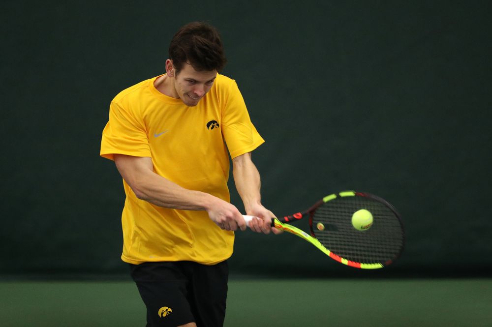 Piotr Smietana against the Butler Bulldogs Sunday, January 27, 2019 at the Hawkeye Tennis and Recreation Complex. (Brian Ray/hawkeyesports.com)