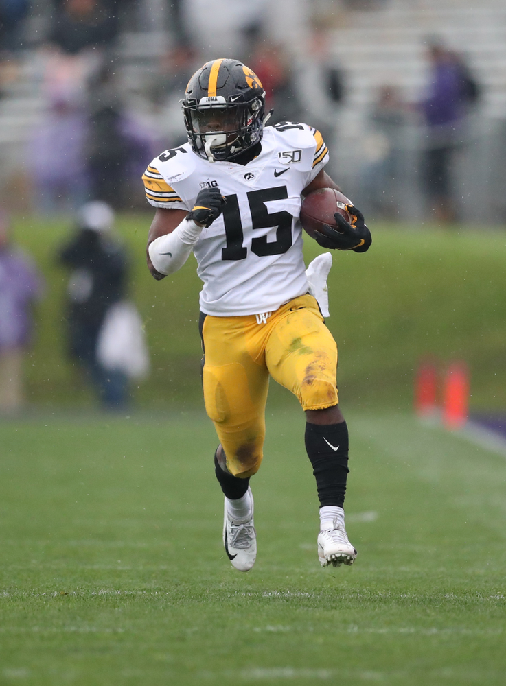 Iowa Hawkeyes running back Tyler Goodson (15) against the Northwestern Wildcats Saturday, September 28, 2019 at Kinnick Stadium. (Max Allen/hawkeyesports.com)