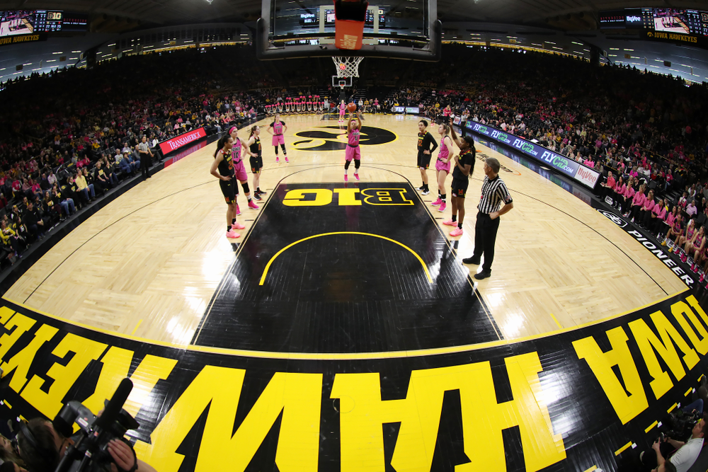 Iowa Hawkeyes guard Tania Davis (11) shoots a free throw against the seventh ranked Maryland Terrapins Sunday, February 17, 2019 at Carver-Hawkeye Arena. (Brian Ray/hawkeyesports.com)