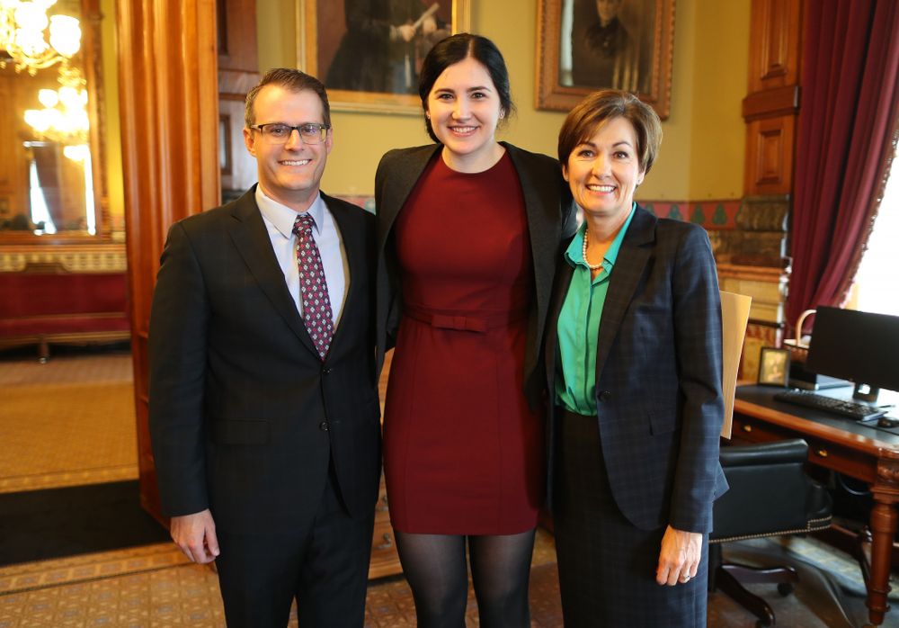 Iowa’s Megan Gustafson meets with Governor Kim Reynolds and Lt. Governor Adam Gregg at the Iowa State Capitol Wednesday, April 24, 2019 in Des Moines. (Brian Ray/hawkeyesports.com)