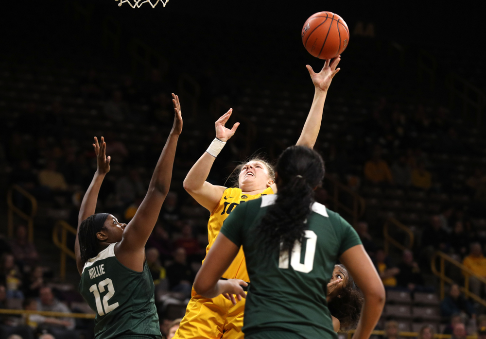 Iowa Hawkeyes forward/center Monika Czinano (25) against the Michigan State Spartans Thursday, February 7, 2019 at Carver-Hawkeye Arena. (Brian Ray/hawkeyesports.com)
