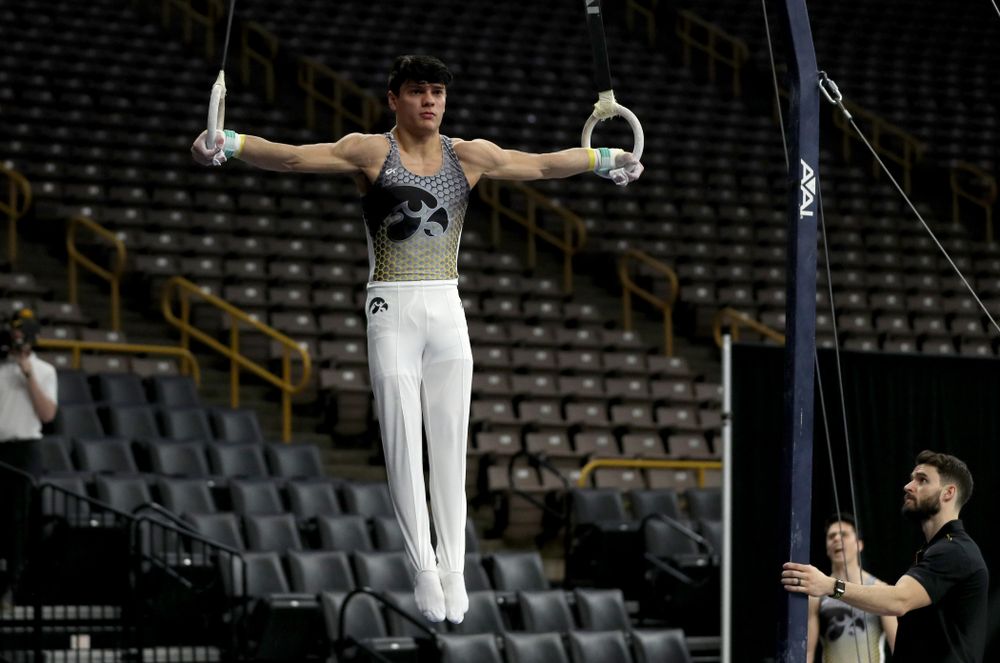 Iowa’s Evan Davis competes on the Rings against UIC and Minnesota Saturday, February 1, 2020 at Carver-Hawkeye Arena. (Brian Ray/hawkeyesports.com)