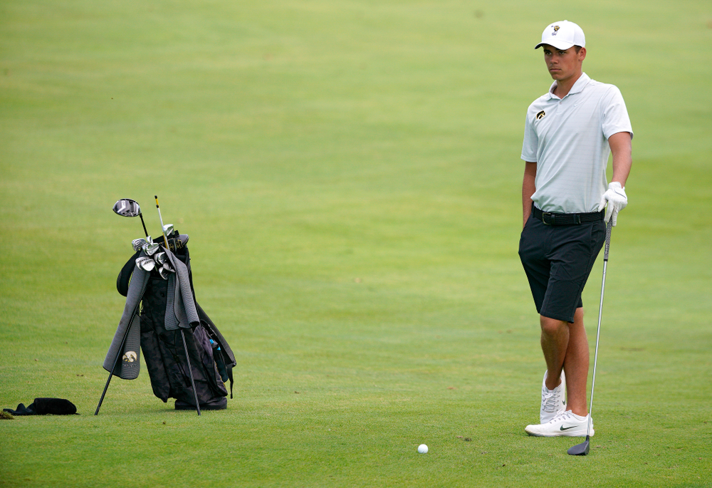 Iowa’s Garrett Tighe waits to hit from the fairway during the second day of the Golfweek Conference Challenge at the Cedar Rapids Country Club in Cedar Rapids on Monday, Sep 16, 2019. (Stephen Mally/hawkeyesports.com)