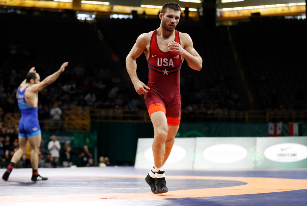 Thomas Gilman during the gold medal match of the United World Wrestling Freestyle World Cup against Azerbaijan Sunday, April 8, 2018 at Carver-Hawkeye Arena. (Brian Ray/hawkeyesports.com)