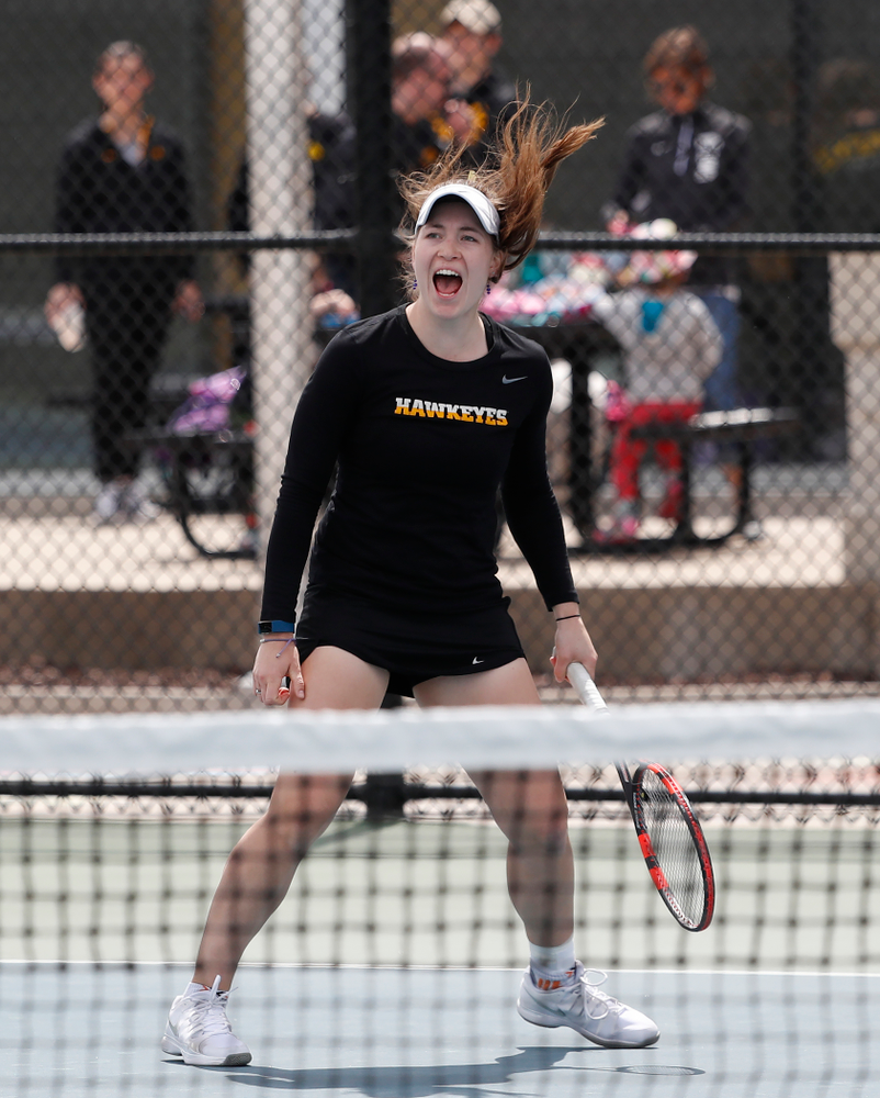 Elise Van Heuvelen and Anastasia Reimchen play a doubles match against the Wisconsin Badgers Sunday, April 22, 2018 at the Hawkeye Tennis and Recreation Center. (Brian Ray/hawkeyesports.com)