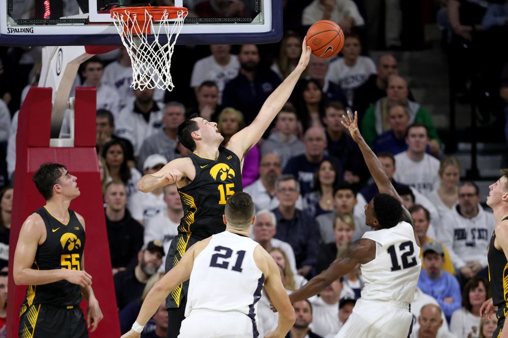 Iowa Hawkeyes forward Ryan Kriener (15) against Penn State Saturday, January 4, 2020 at the Palestra in Philadelphia. (Brian Ray/hawkeyesports.com)