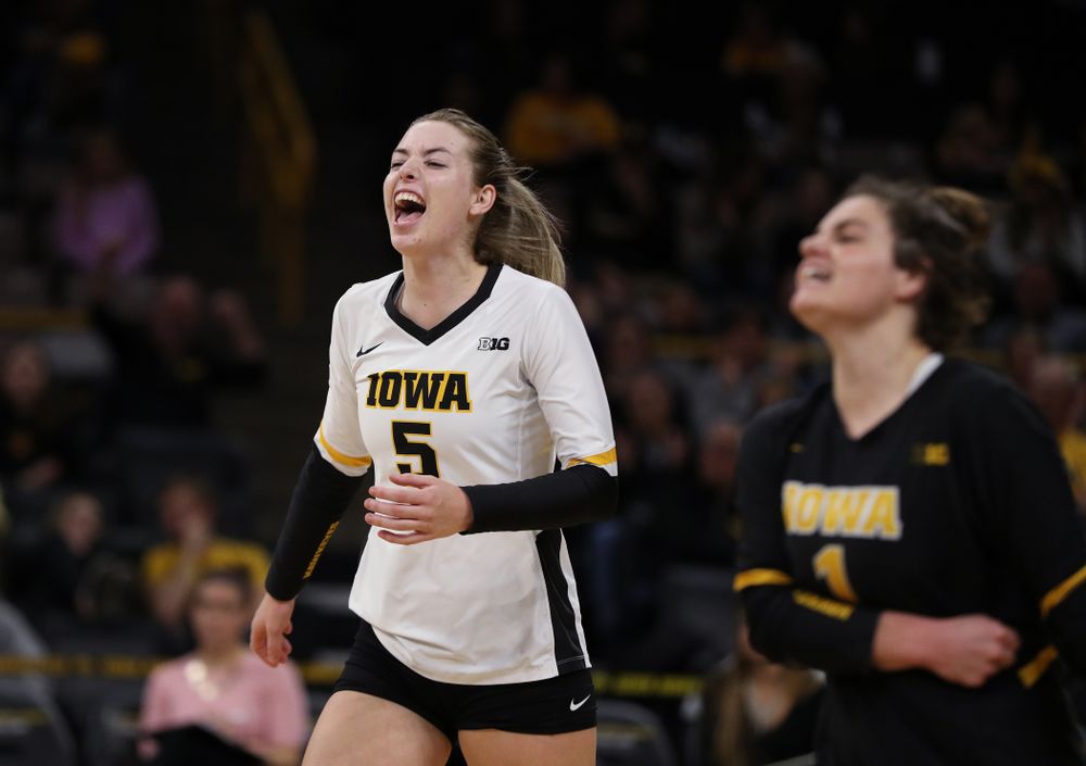 Iowa Hawkeyes outside hitter Meghan Buzzerio (5) against the Ohio State Buckeyes Saturday, November 24, 2018 at Carver-Hawkeye Arena. (Brian Ray/hawkeyesports.com)