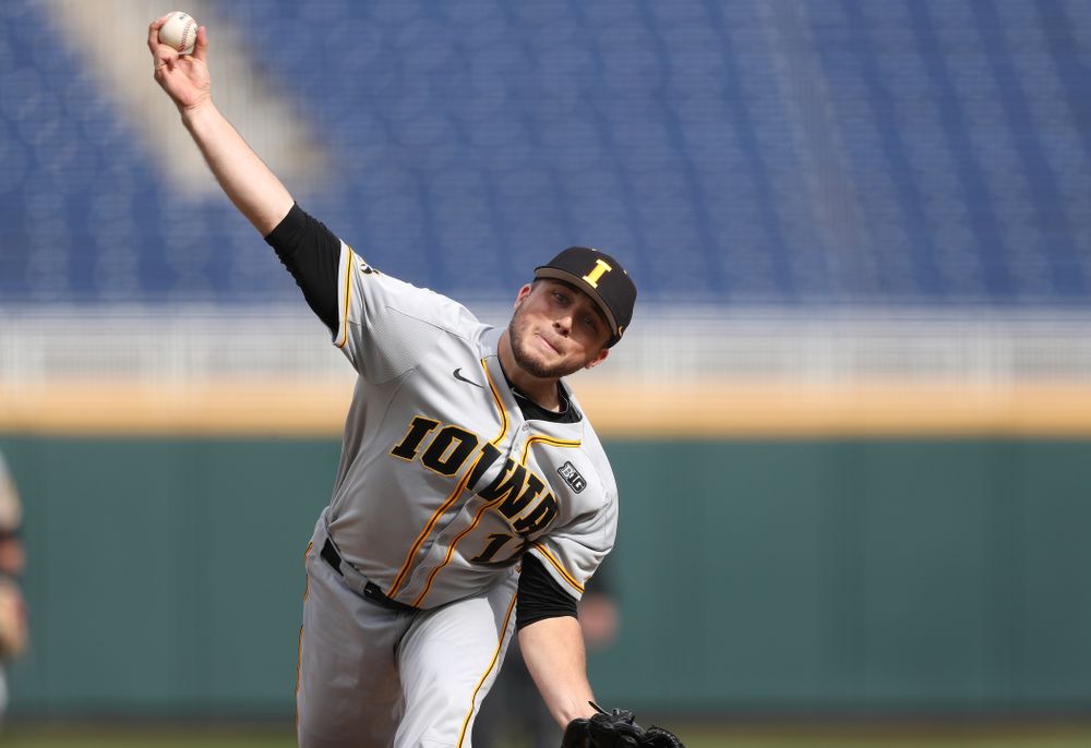 Iowa Hawkeyes Cole McDonald (11) delivers the ball to the plate against the Indiana Hoosiers in the first round of the Big Ten Baseball Tournament Wednesday, May 22, 2019 at TD Ameritrade Park in Omaha, Neb. (Brian Ray/hawkeyesports.com)