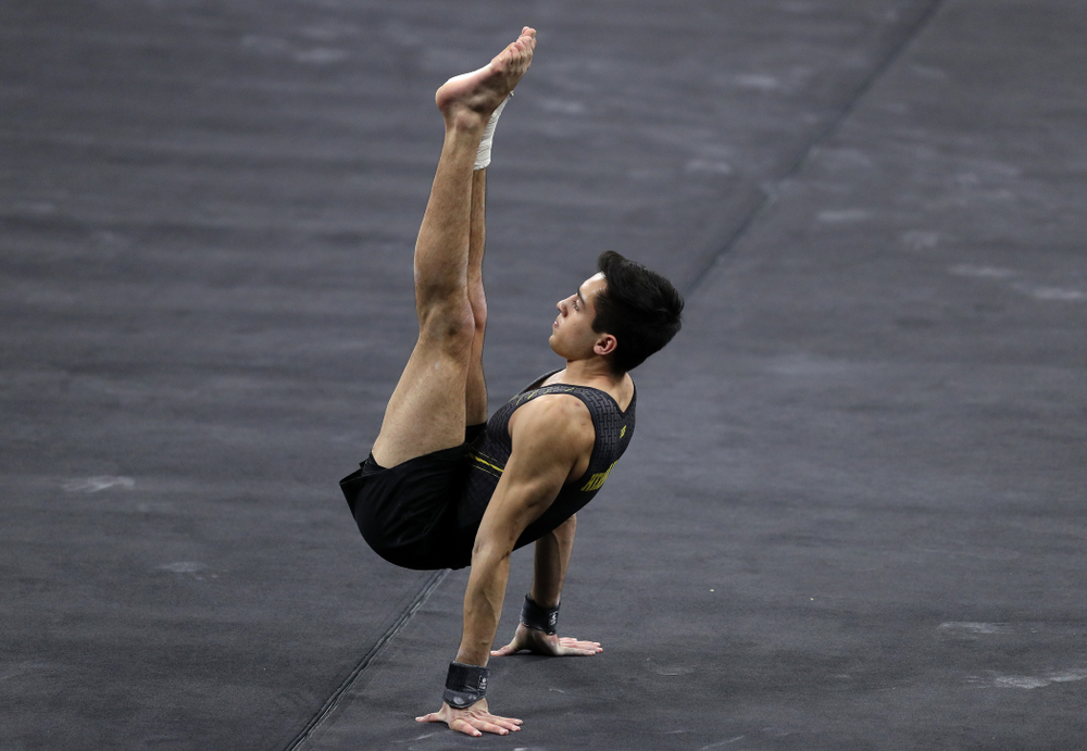 Iowa's Andrew Herrador competes on the floor against Oklahoma Saturday, February 9, 2019 at Carver-Hawkeye Arena. (Brian Ray/hawkeyesports.com)