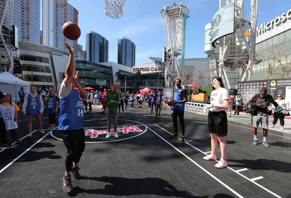 Iowa Hawkeyes forward Megan Gustafson (10) during a Special Olympics event Friday, April 12, 2019 as part of the ESPN College Basketball Awards in the XBOX Plaza at LA Live. (Brian Ray/hawkeyesports.com)