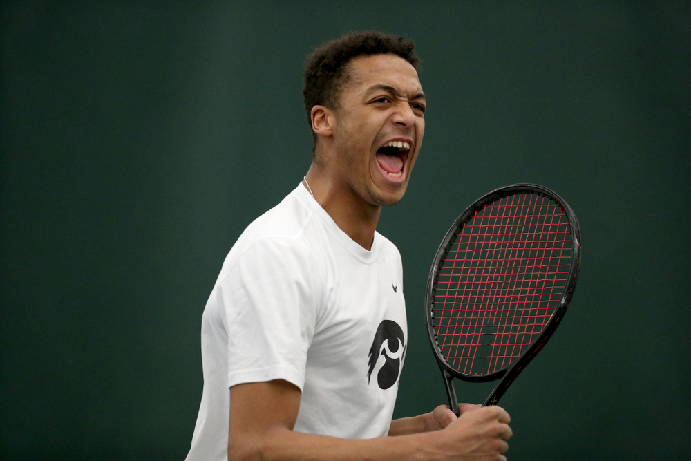 Iowa’s Will Davies and Oliver Okonkwo play a doubles match against Cornell Sunday, March 8, 2020 at the Hawkeye Tennis and Recreation Center. (Brian Ray/hawkeyesports.com)