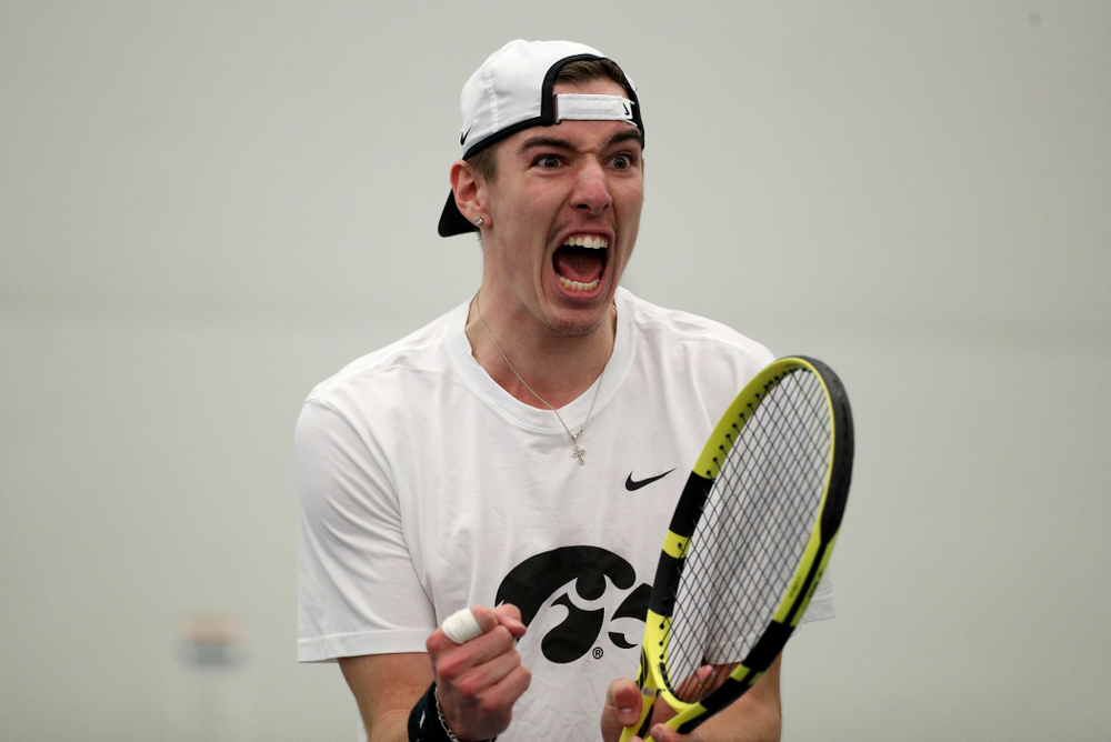 Iowa’s Karem Allaf and Nikita Snezhko play a doubles match against Cornell Sunday, March 8, 2020 at the Hawkeye Tennis and Recreation Center. (Brian Ray/hawkeyesports.com)