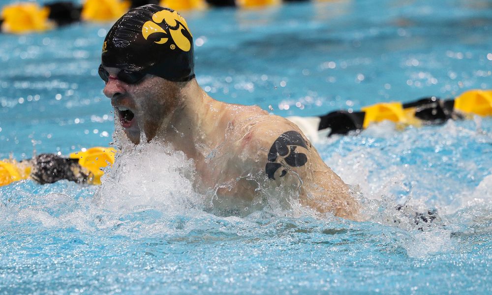 Iowa's Tanner Nelson competes in the 400-yard medley relay during a meet against Michigan and Denver at the Campus Recreation and Wellness Center on November 3, 2018. (Tork Mason/hawkeyesports.com)