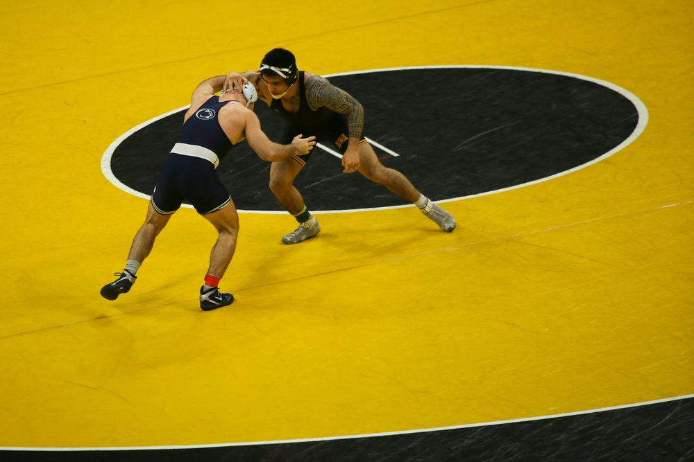 Iowa’s Pat Lugo wrestles Penn State’s Jarod Verkleeren during their 149 lbs match during the Iowa wrestling dual vs Penn State on Friday, January 31, 2020 at Carver-Hawkeye Arena. (Lily Smith/hawkeyesports.com)