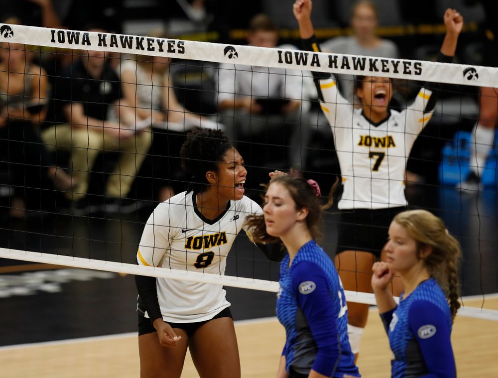 Iowa Hawkeyes middle blocker Amiya Jones (9) against Eastern Illinois Sunday, September 9, 2018 at Carver-Hawkeye Arena. (Brian Ray/hawkeyesports.com)