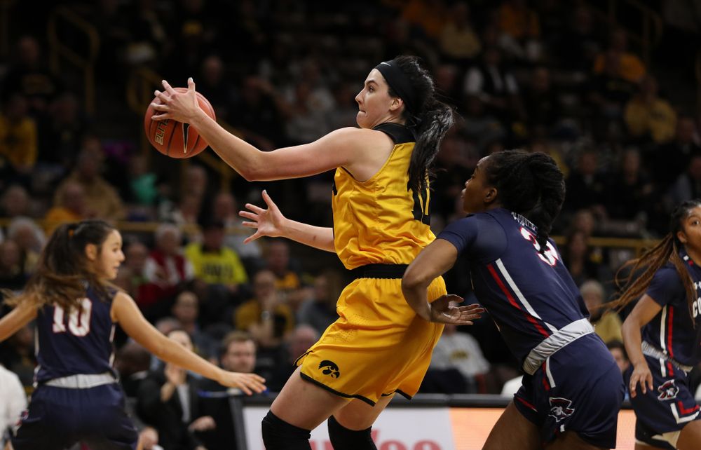 Iowa Hawkeyes forward Megan Gustafson (10) against the Robert Morris Colonials Sunday, December 2, 2018 at Carver-Hawkeye Arena. (Brian Ray/hawkeyesports.com)