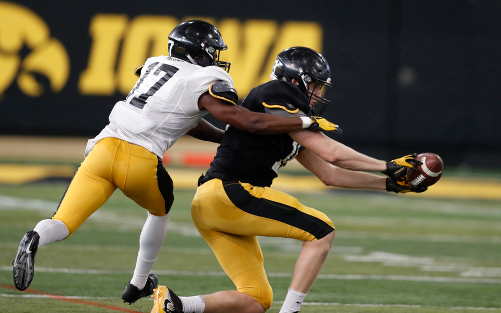 Iowa Hawkeyes tight end Drew Cook (18) and defensive back Cedric Boswell (17) during spring practice Thursday, March 29, 2018 at the Hansen Football Performance Center. (Brian Ray/hawkeyesports.com)