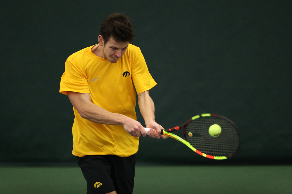 Piotr Smietana against the Butler Bulldogs Sunday, January 27, 2019 at the Hawkeye Tennis and Recreation Complex. (Brian Ray/hawkeyesports.com)