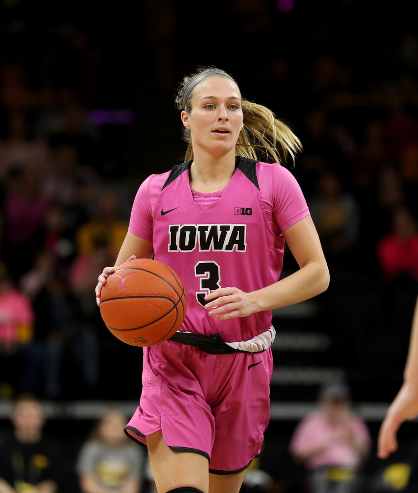 Iowa Hawkeyes guard Makenzie Meyer (3) against the Wisconsin Badgers Sunday, February 16, 2020 at Carver-Hawkeye Arena. (Brian Ray/hawkeyesports.com)