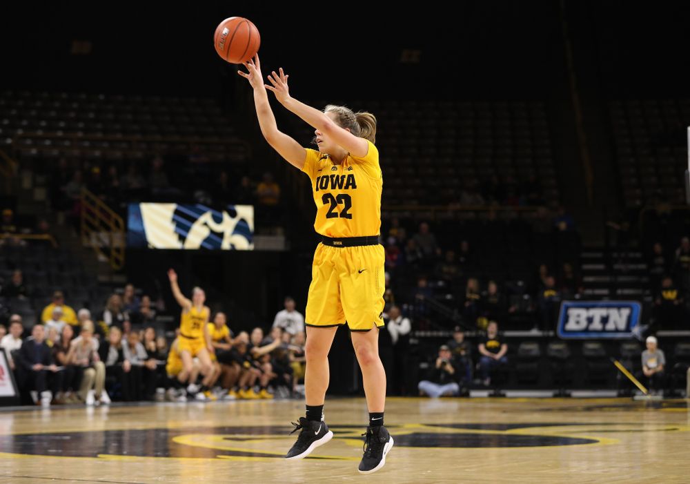 Iowa Hawkeyes guard Kathleen Doyle (22) against the Michigan State Spartans Thursday, February 7, 2019 at Carver-Hawkeye Arena. (Brian Ray/hawkeyesports.com)