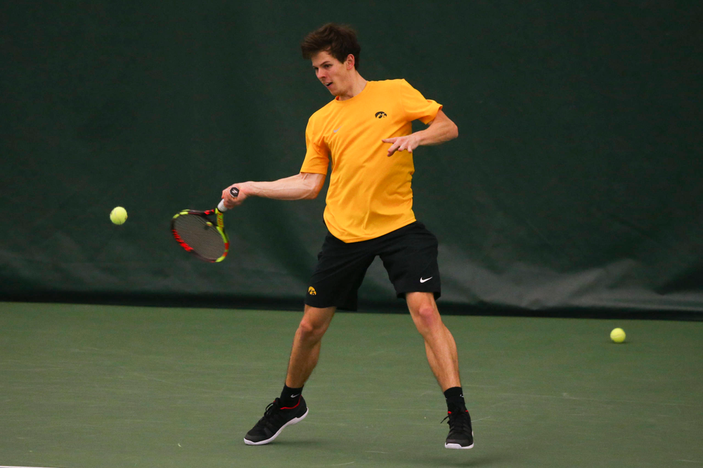Iowa's Joe Tyler at a tennis match vs Drake Friday, March 8, 2019 at the Hawkeye Tennis and Recreation Complex. (Lily Smith/hawkeyesports.com)