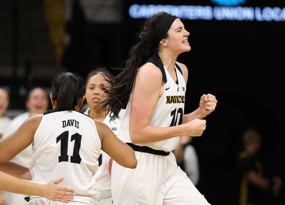 Iowa Hawkeyes forward Megan Gustafson (10) celebrates following a play against the Nebraska Cornhuskers Thursday, January 3, 2019 at Carver-Hawkeye Arena. (Brian Ray/hawkeyesports.com)