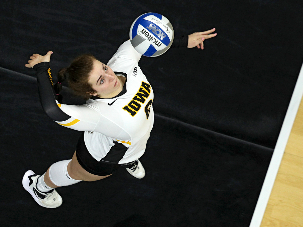 Iowa’s Emma Lowes (6) lines up an ace serve during the third set of their match at Carver-Hawkeye Arena in Iowa City on Saturday, Nov 30, 2019. (Stephen Mally/hawkeyesports.com)