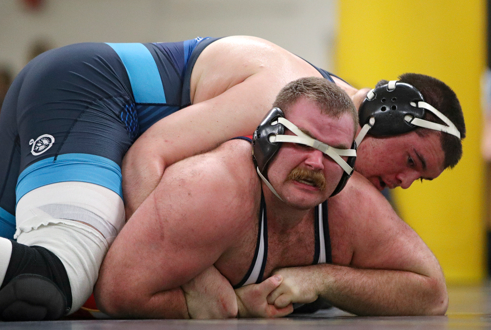 Iowa’s Tony Cassioppi (top) works on top of Aaron Costello during their preseason match at the Dan Gable Wrestling Complex at Carver-Hawkeye Arena in Iowa City on Thursday, Nov 7, 2019. (Stephen Mally/hawkeyesports.com)