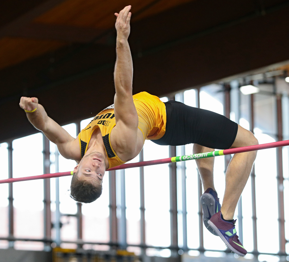 Iowa’s Peyton Haack competes in the men’s high jump event at the Black and Gold Invite at the Recreation Building in Iowa City on Saturday, February 1, 2020. (Stephen Mally/hawkeyesports.com)