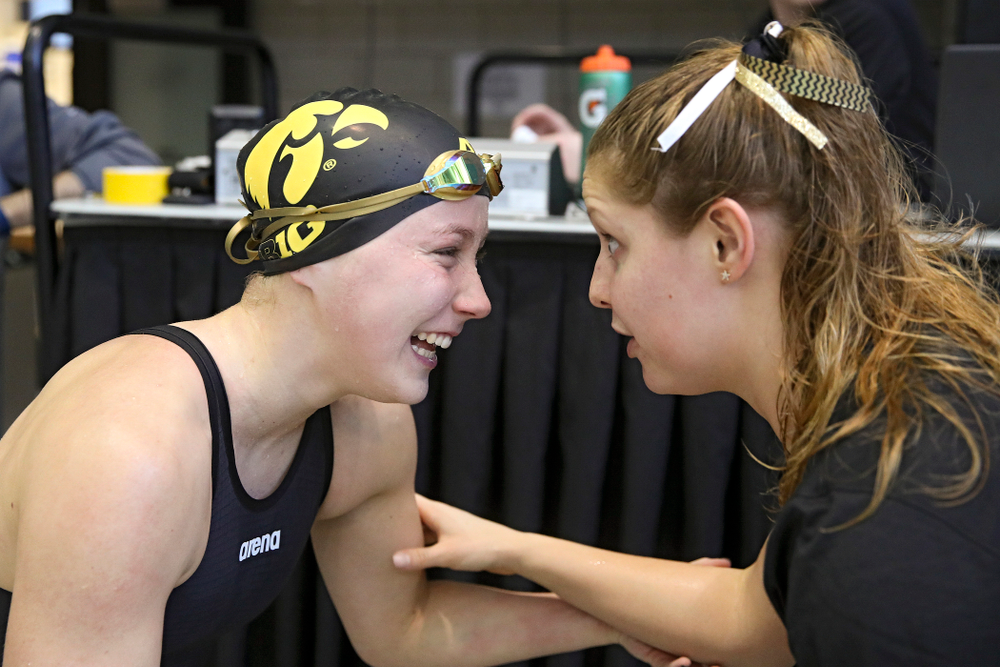 Iowa’s Aleksandra Olesiak celebrates after making the C final in the women’s 200 yard breaststroke event during the 2020 Women’s Big Ten Swimming and Diving Championships at the Campus Recreation and Wellness Center in Iowa City on Saturday, February 22, 2020. (Stephen Mally/hawkeyesports.com)